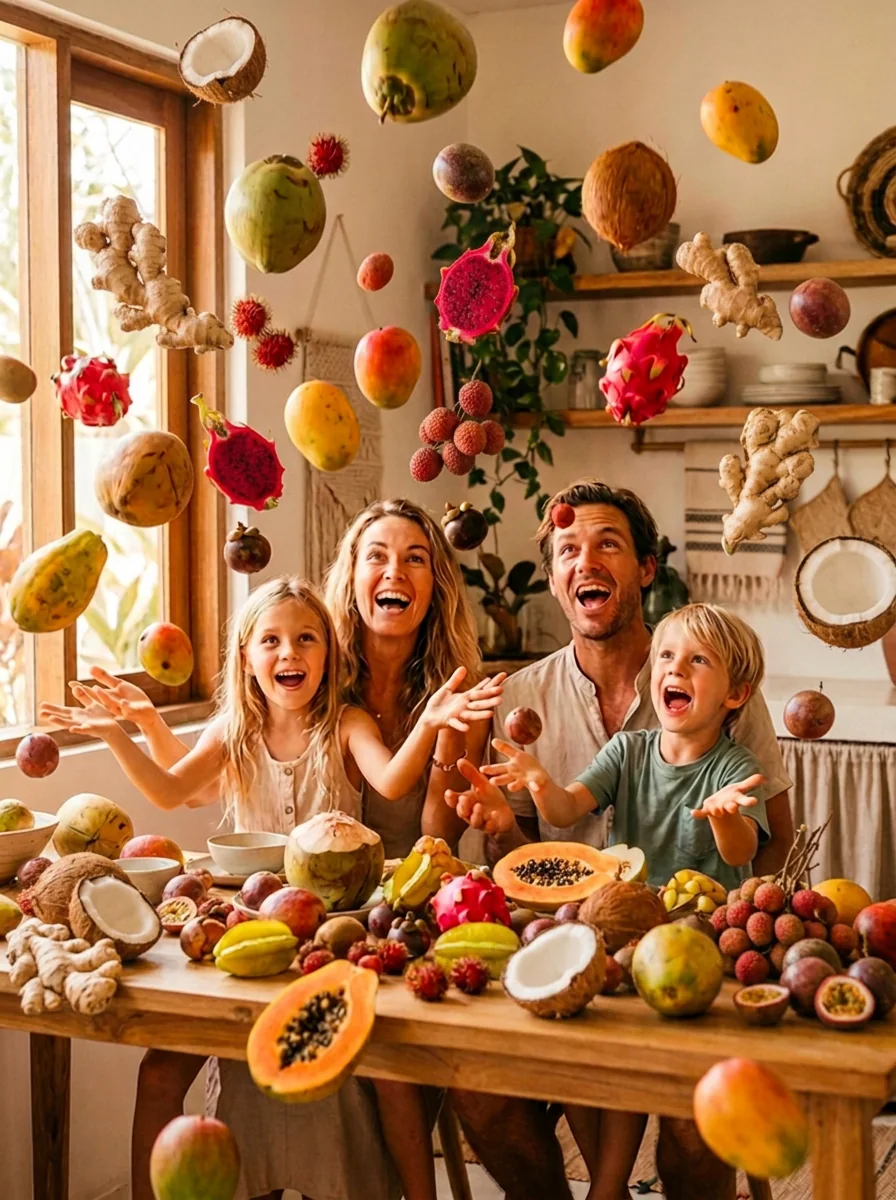 A joyful family surrounded by fresh exotic fruits in a bright kitchen